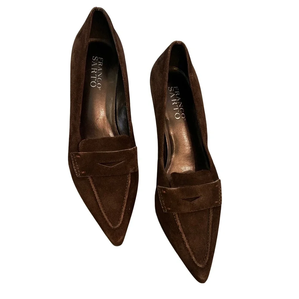 Franco Sarto Brown leather Suede Pointed Toe Kitten Heel Penny Loafer Pumps 6M